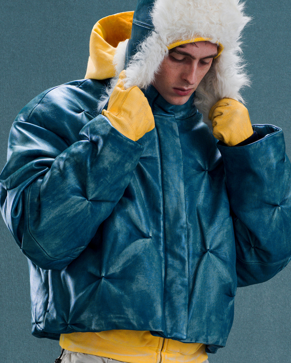 ‘CORE’ PUFFER JACKET IN WEATHERED BLUE LEATHER